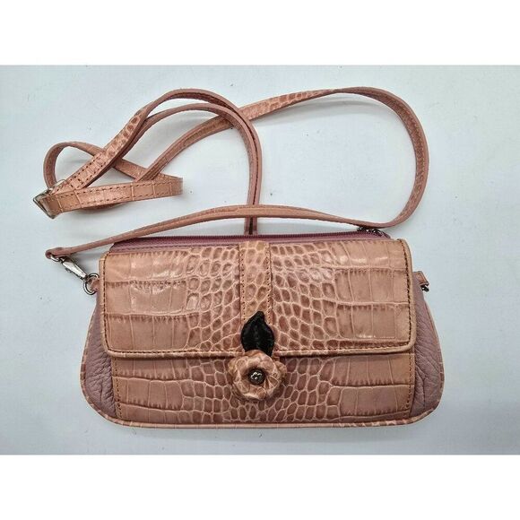 Vtg Brighton Crocodile Textured Pink Purse With Floral Detail & Printed Lining - Picture 1 of 5